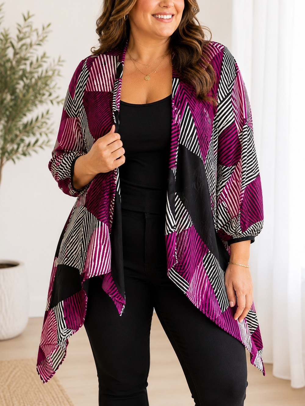 Lane Bryant Plus Size 14/16 Geometric Kimono Cardigan Pink-Black Open Front